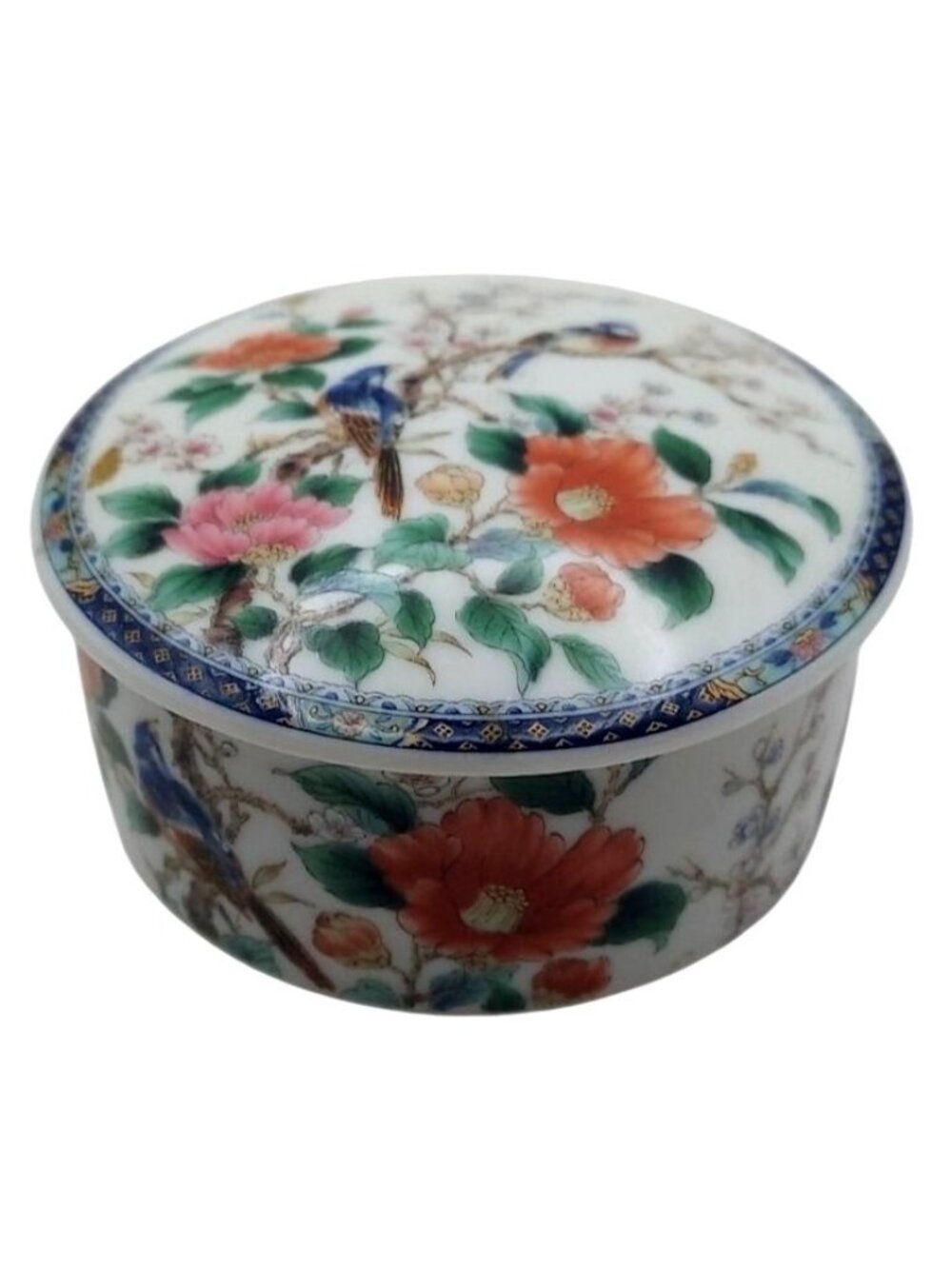 Japanese Imari Ware Porcelain Round Trinket Dish Bowl & Lid Floral Birds Vintage